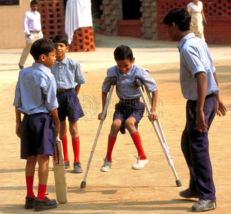 Amar Jyoti Charitable Trust - Hope for Polio Patients in India. A group of boys playing at Amar Jyoti Research & Rehabilitation Centre, Karkardooma in New Delhi. Photo: © WHO / Pierre Virot