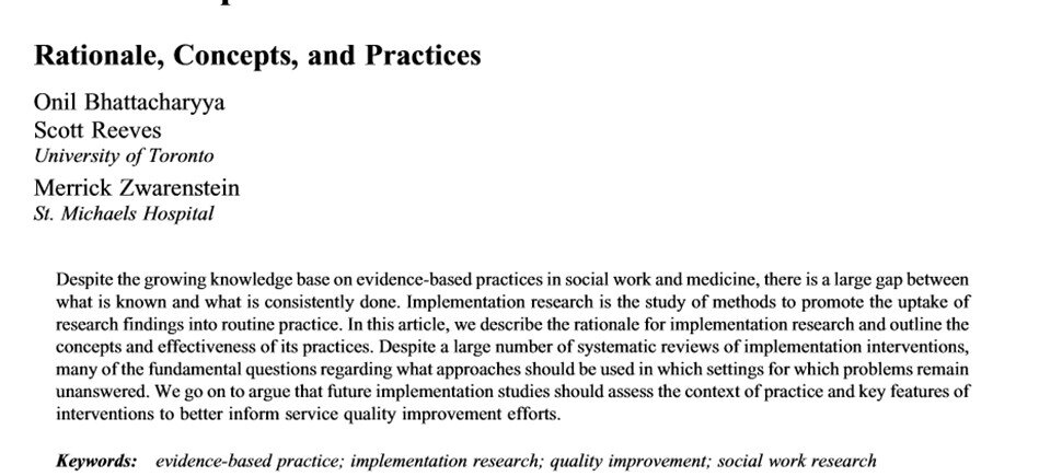 What Is Implementation Research? Rationale, Concepts, and Practices