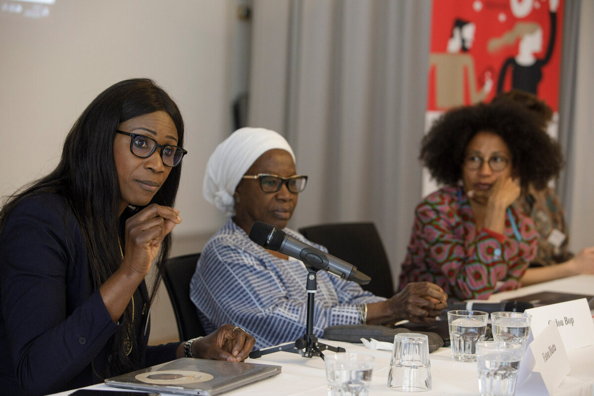 Panel an der MMS Conference 2023 mit Fatou Diatta, Coudou Bop und Serena O. Dankwa (IAMANEH). Foto: Daniel Rihs/ © Network Medicus Mundi Switzerland <br>