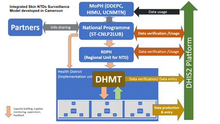 Figure 1:  Integrated Skin NTDs Surveillance Model developed in Cameroon (see list of abbreviations at the end of the text) 