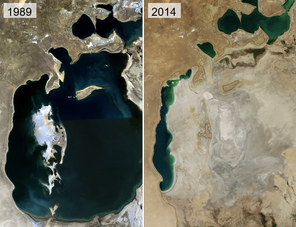 Aral Sea from space, 1989 and 2014. Photo: CIA Factbook / NASA